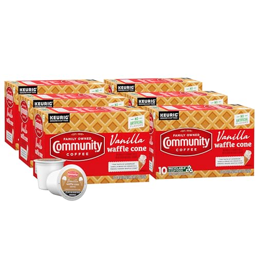 Image of Community Coffee Vanilla Waffle Cone 60 Count Coffee Pods, Ice Cream Flavored, Compatible with Keurig 2.0 K-Cup Brewers, 10 Count (Pack of 6)