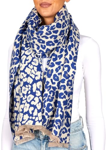 BRUBAKER Cashmirillo Damen Schal mit Leoparden Muster - 70 x 200 cm - Warm, Kuschelig und Oversized - Leo Damenschal für Herbst und Winter - Winterschal mit weichem Kaschmir-Gefühl - Blau und Weiß