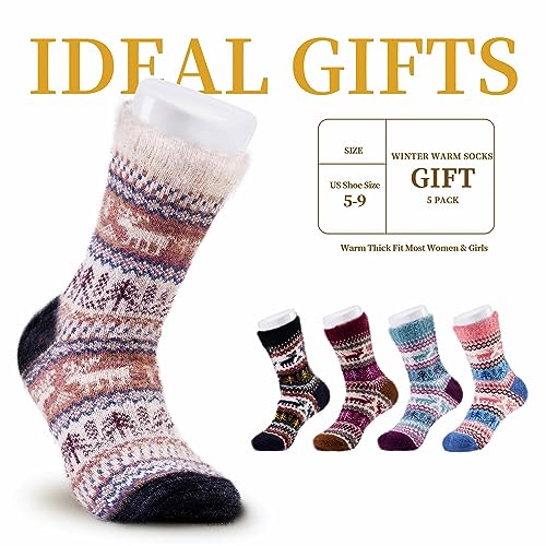 Image of ICEIVY Socks Women, Soft Knit Wool Winter Thick Warm Cabin Fuzzy Crew Women Socks 5 Pack