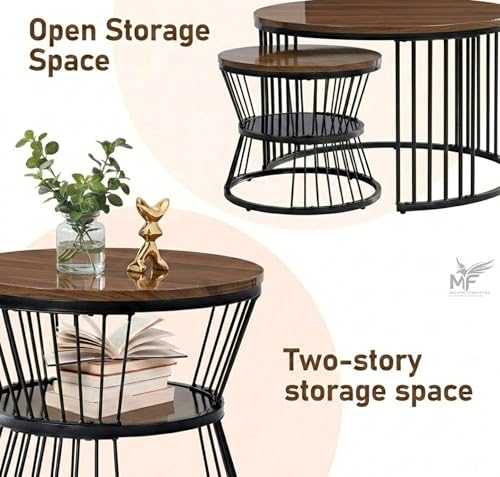 Image of MELVON Lightweight Nesting Coffee Table Set of 2, Black Frame with Walnut Finish Top, Round Coffee & Side Tables for Living Room