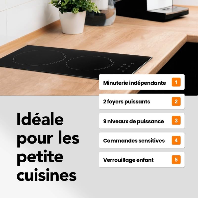 BELDEKO Plaque Vitrocéramique 2 Foyers Extra Plate Encastrable 3000W Commandes Tactiles Minuteur Sécurité Enfant