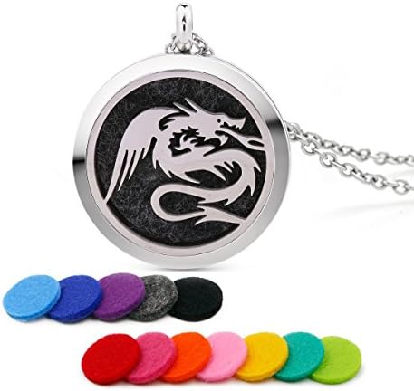 GIONO Stainless Steel Pet Love Dragon Aromatherapy Essential Oil Diffuser Necklace Carving Locket Pendant,10 Felt Pads