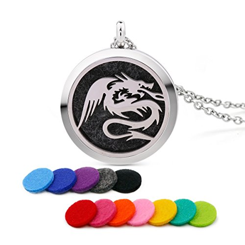 Giono Stainless Steel Pet Love Dragon Aromatherapy Essential Oil Diffuser Necklace Carving Locket Pendant,10 Felt Pads #TOP29