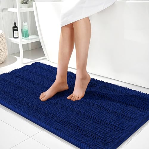 Image of OLANLY Thick Bathroom Runner Rugs 44x24, Extra Absorbent Chenille Striped Bath Rugs, Rubber Backing, Machine Wash Dry, Long Bath Mats for Bathroom Floor, Tub and Shower, Home Decor Accessories, Navy