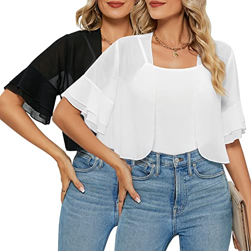 2 Pack Women Sheer Shrug, 3/4 Sleeve Bolero Cardigan Lightweight Chiffon Cropped Tops Open Front Shrug For Evening Dresses (Medium) Black, White #TOP17