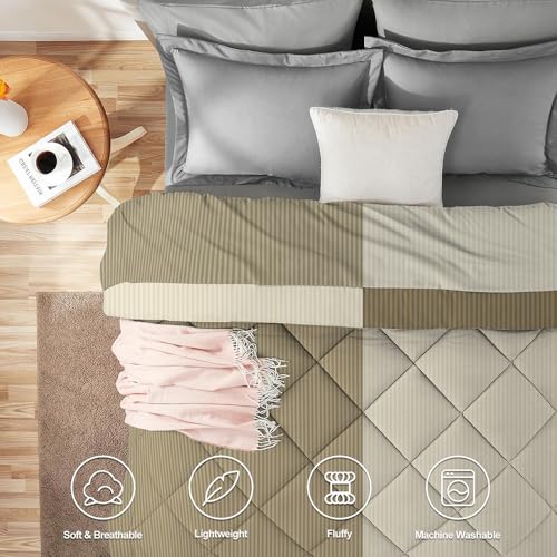 Image of HOMEKART 220 GSM Microfiber Reversible Comforter for Double Bed | Ultra Soft, Skin-Friendly & Hypoallergenic Solid Striped Blanket | Lightweight Cozy & Machine Washable (254CMx228CM, Mouse & Beige)