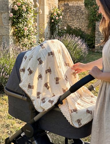 Image of Baby Blanket 40x40 Inches,Muslin Cotton and Minky Dotted Double Layer Soft Receiving Blanket for Newborn Toddler,Cuddle Bear