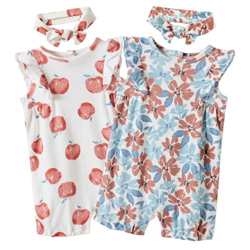 Image of Minicoco Baby Girls Ruffled Sleeve Rompers Toddler Girls Jumpsuits One-Piece Cotton Outfits