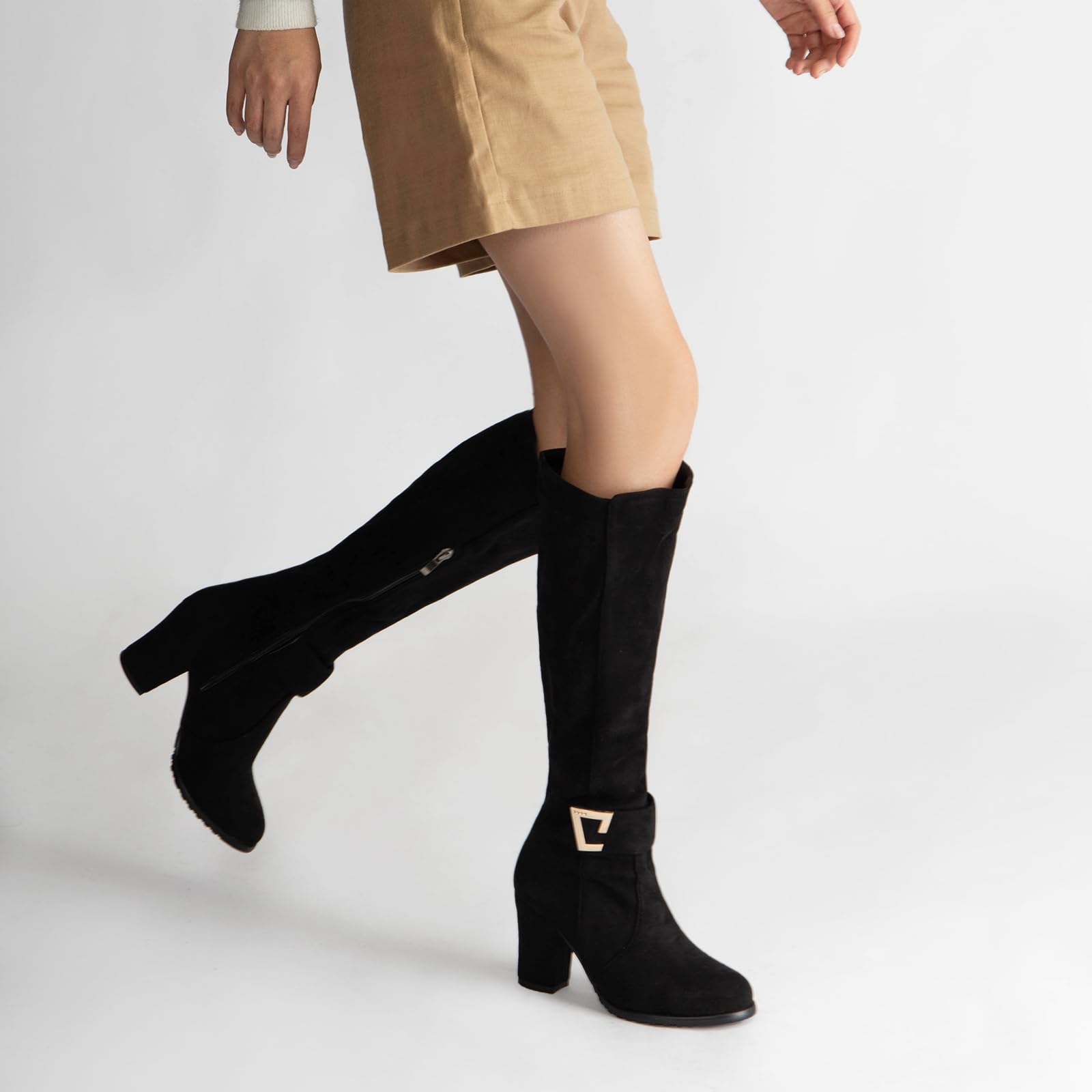 Onewus Damen Kniestiefel Blockabsatz Reißverschluss Warm Gefüttert