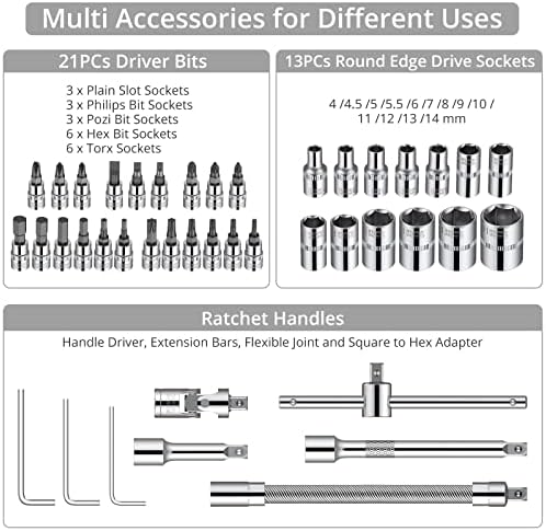 Justech 46 Pieces Socket Ratchet Wrench Set 1/4" Drive Car Repairing Tool Kits