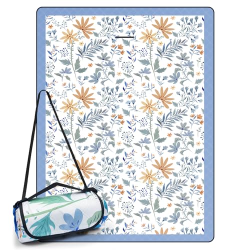 DEWUR Picknickdecke wasserdicht waschbar, Stranddecke Sandfrei XXL Campingdecke Strandmatte isoliert mit wasserdichter Unterseite (Weiß mit Blumen, 300 x 200 cm)