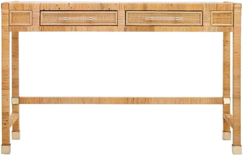 Pemberly Row Contemporary Rattan Glass Top Desk, Natural Finish, 47.2" W x 15.8" D x 31.1" H, Handmade, Mahogany Frame with 2 Soft-Close Drawers, Stylish Home Office Workspace Furniture