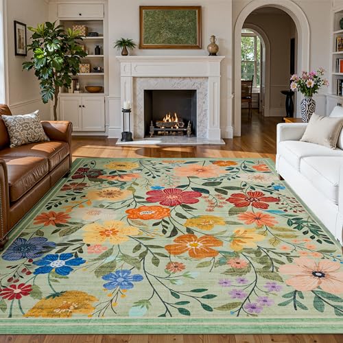 Ruaruarug Area Rugs Floral, Non-Slip Machine Washable Wear-Resistant, Ultra Soft for Living Room/Bedroom/Kitchen/Classroom Green, 8'×10'