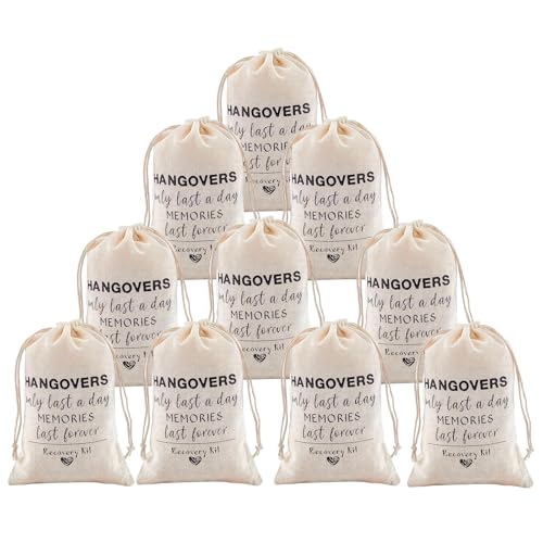 10Pcs Hangover Kit bachelorette bags Team Bride Bags 10x15cm Pure Cotton Black Heart Rose Design Perfect for Parties Weddings Travel and Special Events