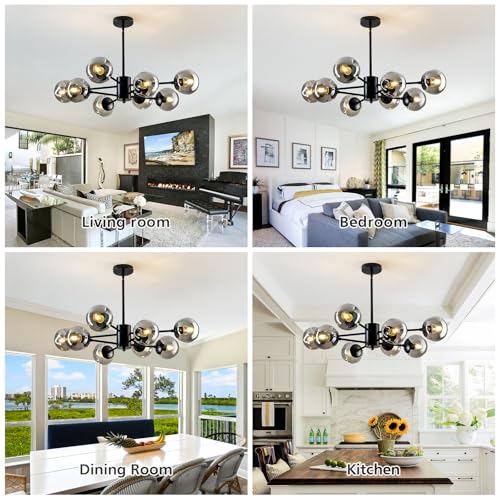 Image of 8-Light Sputnik Chandelier Black Mid Century Glass Globe Ceiling Light Fixture Modern Bubble Chandelier for Dining Room Living Room Kitchen Bedroom Farmhouse.