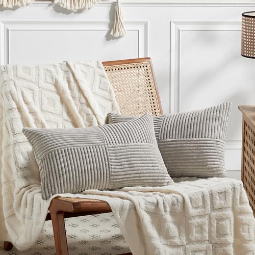 Image of Fancy Homi 2 Packs Neutral Grey Lumbar Decorative Throw Pillow Covers 16x32 Inch for Living Room Couch Bed Sofa, Farmhouse Home Decor, Soft Striped Corduroy Rectangle Accent Cushion Case 40x80 cm