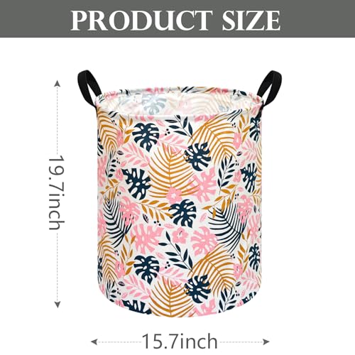 Image of Round Pink Leaves Pattern Laundry Hamper Storage Basket Fabric Material Storage Hamper Organization Basket, Storage Bin, Gift Box with Handles for Room