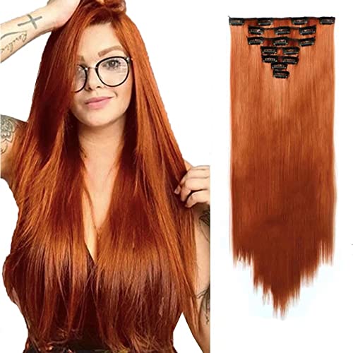iLUU Kupfer Rot Mode Synthetische Haarteile 7er Vollkopf Gerade Haarteil Set 22" 130g Lange Glatte Japan Hitzebeständige Faser Clip in Haarverlängerungen Verlängerung mit 16 Clips #119 Cover