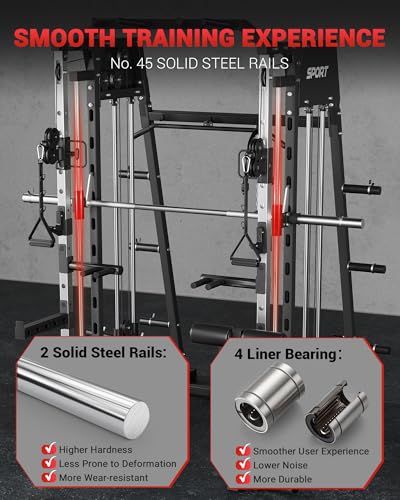 Smith Machine Home Gym All in One, 2200LBS Squat Rack Power Cage with Smith Bar, LAT Pull-Down, Cable Systems, Leg Hold-Down and More Attachments, Workout Equipment (Red Black)