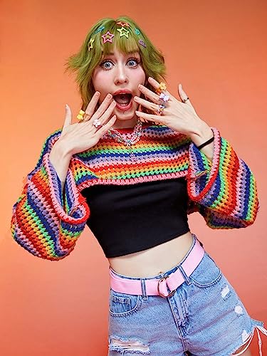 WDIRARA Women's Y2k Crochet Crop Top Hollow Out Sweater Pullover Long Sleeve Knit Rainbow Casual Streetwear3