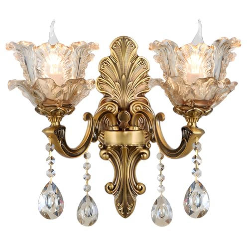 WayLuoung Lampe Murale Vintage Florale À 2 Tête En Verre De Cristal - Applique Murale Rétro Couleur Bronze Doré - Décoration En Métal Lampe De Chevet...