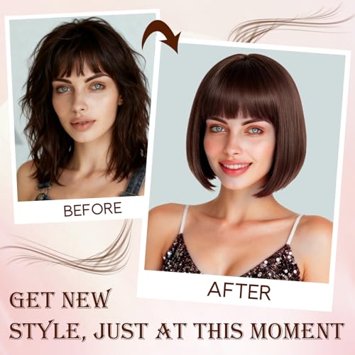 Image of PLULON Dark Brown Short Bob Wig with Bangs for Women, Colorful Neon Short Bob Synthetic Hair Wigs with Hair Cap Heart Sunglasses for Girls Men Daily Bachelorette Halloween Costume Party Supplies