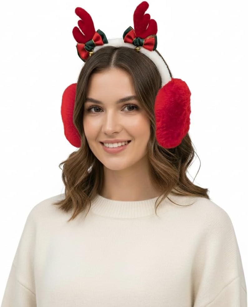 Gilbins Winter Warm Furry Ear Warmer Foldable Reindeer Plush Earmuffs Christmas Earmuffs for Women Men Kids