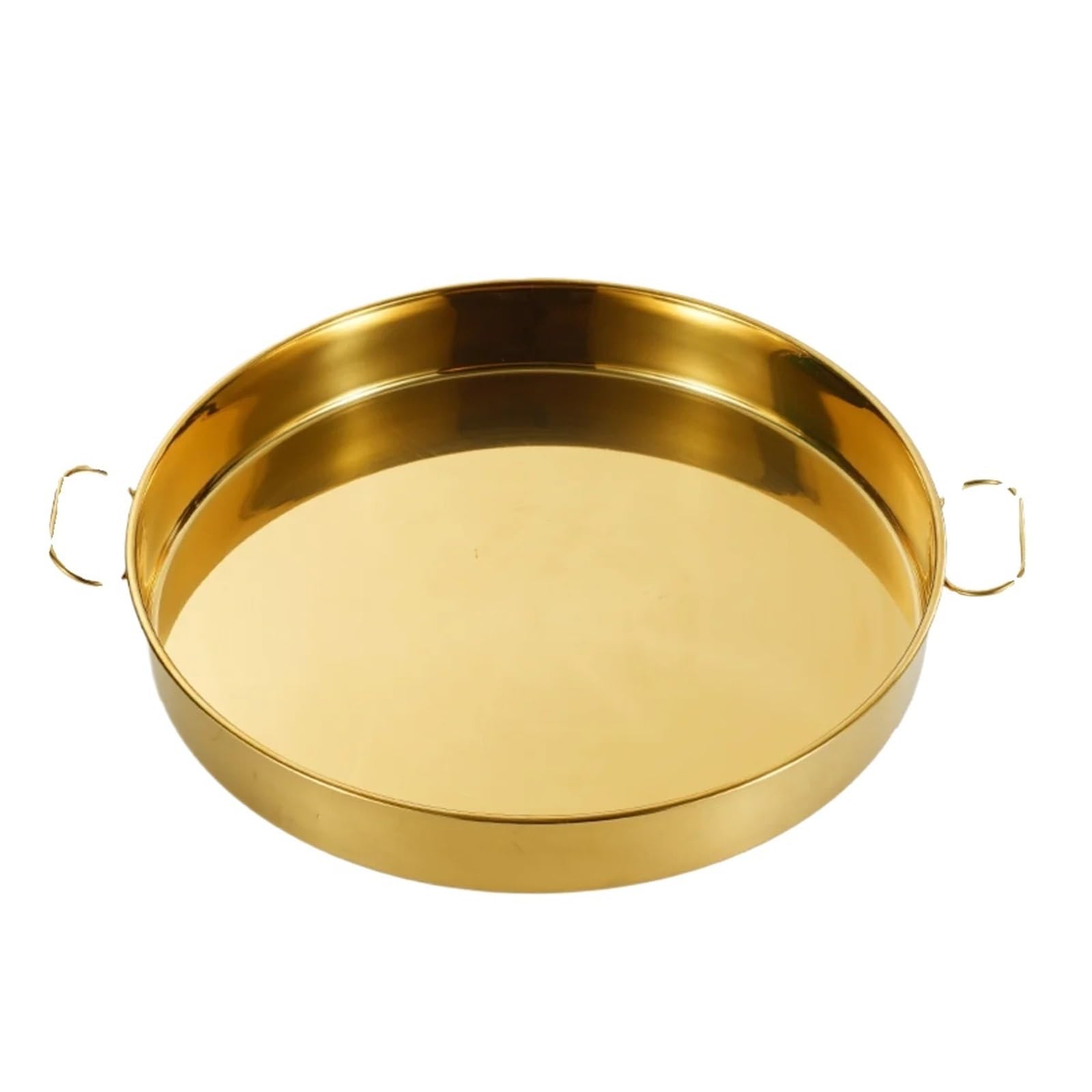 Bandeja redonda de acero inoxidable con asas, plato de 24 cm de profundidad para hornear, almacenar frutas, alimentos, pasteles y pan, diseño dorado de dos orejas