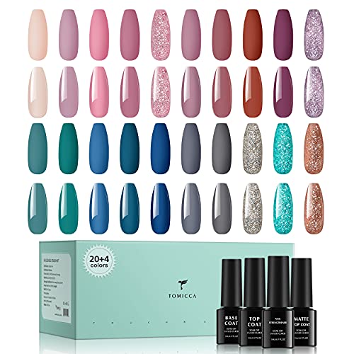 TOMICCA Gel Nagellack Set 20 Farben Gel UV Nagellack Rosa Blau Grün Töne Gelnägel Glitzer UV Gellack mit Base Coat Glanz…