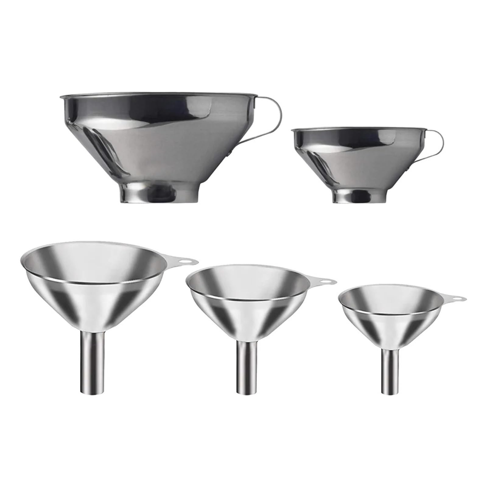 Embudo de acero inoxidable Paquete de 5 embudos de acero inoxidable plateados de varios tamaños, accesorios de cocina