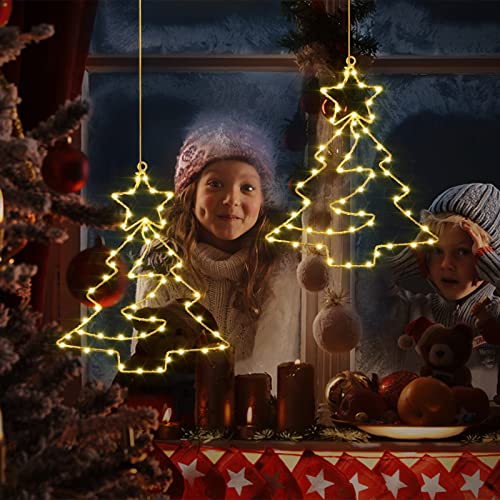 Therlan Weihnachtsdeko Fenster Beleuchtet, 3 Stück 55 LEDs Fensterbilder Baum Batterie Betrieben Mit Timer und Fernbedienung 8 Lichtmodi, LED Fensterdeko Weihnachten Beleuchtet Warmweißen