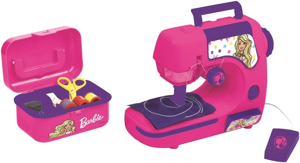 Lexibook Mattel Barbie, sewing machine with accessories, light and pedal, imitation role play toy for girls, fashion design game, pink/purple, SW100BB