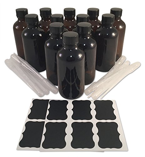 (12) 4 Ounce 4 oz Empty Amber Boston Round Glass Bottles with Black Phenolic Cone Lined Caps (12) 3ml Pipettes (12) Chalk Labels for Essential Oils, Cleaning Products, Aromatherapy