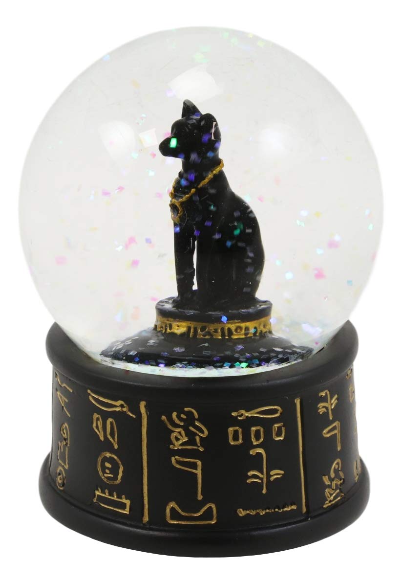 Ebros Black and Gold Ancient Egyptian Goddess of Home and Fertility Bastet Cat Glitter Snow Globe 65mm Collectible Figurine with Hieroglyphic Base Small Novelty Water Globes