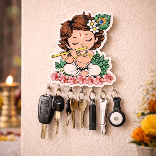 Image of CraftVatika Baby Krishna Wooden Key Holder for Home Decor Items, Key Hanger Wall Mounted Decoration Handicraft Key Chain Stand Wood Keys Organizer 7 Hooks Decorative Items for Home Decor