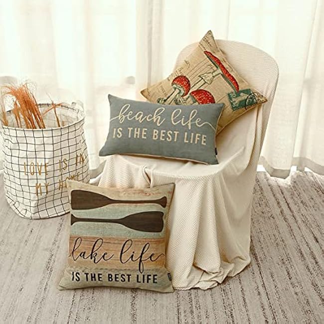TRENDIN Beach Throw Pillow Covers 20x12 inch Beach Life is The Best Life Lumbar Pillowcase Vintage Nautical Decorations Linen Cushion Cover for Sofa Couch PL662TR