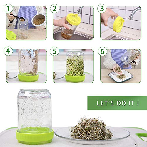 HCDMRE Sprouting Lids,6 Pack Plastic Sprout Lid for Wide Mouth Mason Jars, Easy Rinse and Drain Sprouting Screens for Growing Bean Sprouts, Broccoli, Alfalfa, Salad Sprouts,Yellow