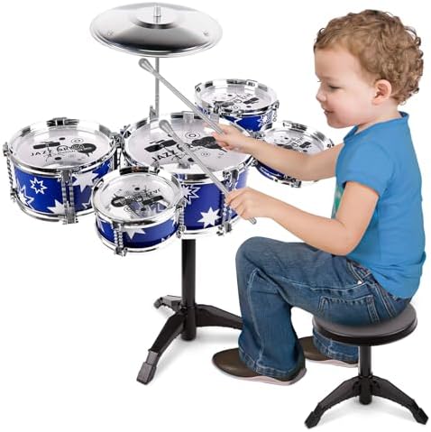 Toddler Drum Set 24 Inches Drum Set for Kids Musical Instruments Kids Jazz Drum Kit with Stool, Cymbal, 2 Drum Sticks and 5 Drums Toys for 3 4 5 Year Old Boys Girls Birthday Christmas Gifts