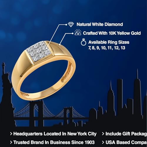 Gem Stone King Solid 10k Yellow Gold Natural White Diamond Wedding Anniversary Ring For Men | Available In Size 7,8,9,10,11,12,132