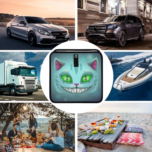 Image of Fantasy Scary Laugh Cat Car Trash Can, Foldable Hanging Car Trash Bag, Cheshire Cat Green Eye Halloween Small Waterproof Car Accessories Garbage Bin