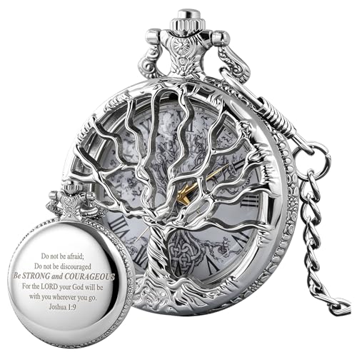 Image of Tiong Pocket Watch Hollow Tree of Life Design Roman Numerals Engraved Bible Verse Quartz Pocket Watch with Chain Custom Pocket Watch Birthday Gifts