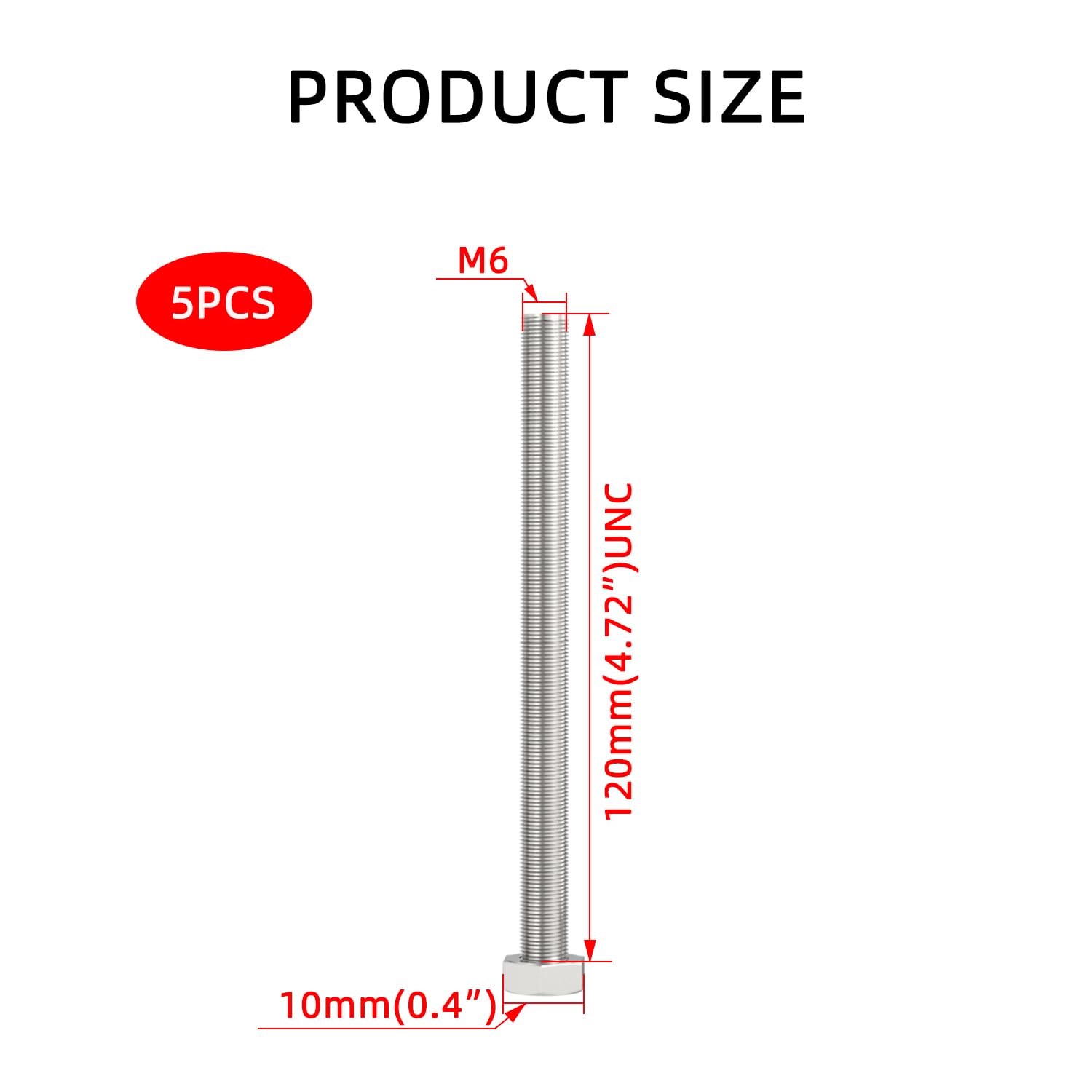 Aopin 5pcs SUS304 Stainless Steel M6 x 120mm Hex Head Bolts Screws Grade 8.8 Stainless Steel, Fasteners Fully Machine Threaded - Image 2