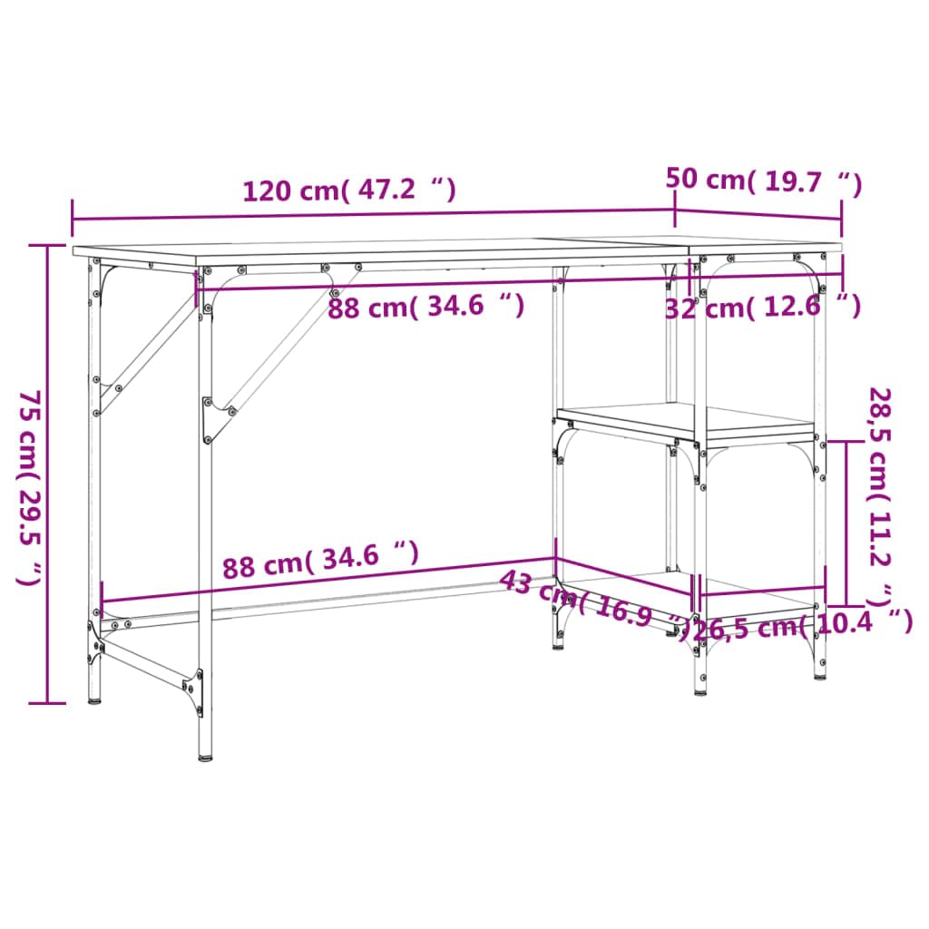 Escritorio de roble ahumado de 120 x 50 x 75 cm con marco de metal y patas ajustables, amplia superficie de trabajo, estante extraíble, mesa de ordenador estable para oficina, oficina en casa