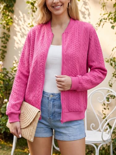 Image of WROLEM Women's Zip Up Cardigan Sweater Cable Hoodies Long Sleeve Jacket Outfits Crewneck Casual Coat Rose Red, Small