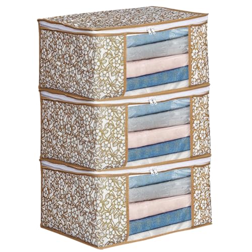Image of Ai Ankit International Non-Woven Saree Covers With Zip | Set Of 3 Clothes Cover Bags - Storage Organizer For Saree | Shirts | Salwar Suit | Lehenga - Dress Organizer For Wardrobe, 22 Cm, Beige, 32 Cm