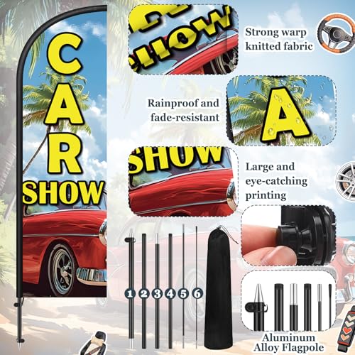 Image of Remagr 2 Pack Car Show Feather Flag 7 ft Advertising Swooper Flag Sign Windless Car Show Feather Banner with Pole Kit and Ground Stake for Businesses Outside Ground