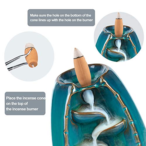 DAILYLIFE Incense Waterfall Burner Backflow Ceramic Incense Holder, Home Decor Aromatherapy Ornament with 35 Upgraded Backflow Incense Cones + 25 Incense Sticks + 1 Cushion + 1 Tweezer