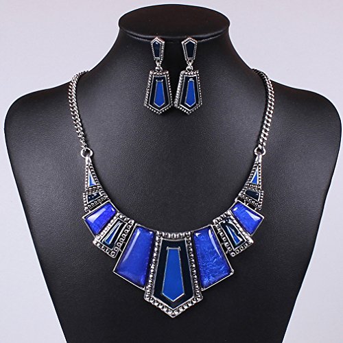 Yazilind Vintage Ethnic Blue Irregular Bib Collar Earrings Necklace Jewelry Set #TOP1