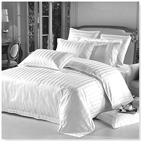 AR Textile 5 Star Hotel Quality 100% Egyptian Cotton Satin Stripe Duvet Cover Set With Pillowcases in White & Cream Colour (Double, White) Cover