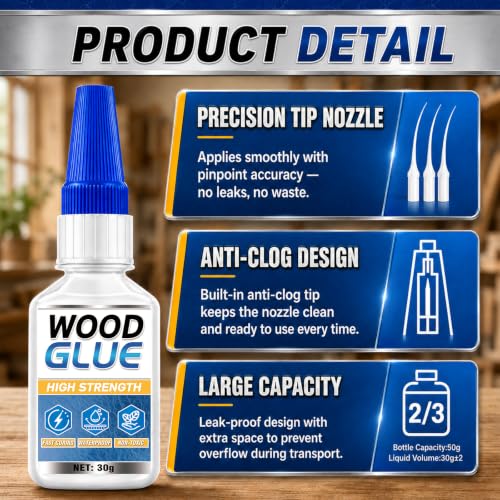Image of Wood Glue Clear, 30g Instant CA Glue with Precision Applicator, Cyanoacrylate Adhesive for Wood Crafts Repair, Waterproof & Fast-Drying